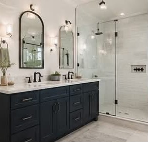 Bathroom remodel with double vanity and glass walk-in shower