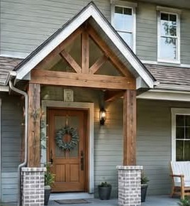 Covered front porch with cedar timber gable and brick column bases